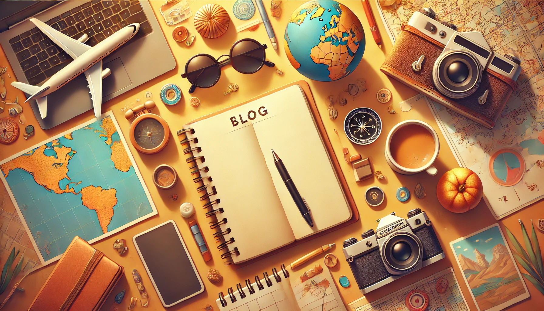 DALL·E 2024 07 30 22.31.35 A vibrant and welcoming blog cover image with a 16 9 aspect ratio featuring elements like a notebook a pen a camera a coffee cup and travel relat